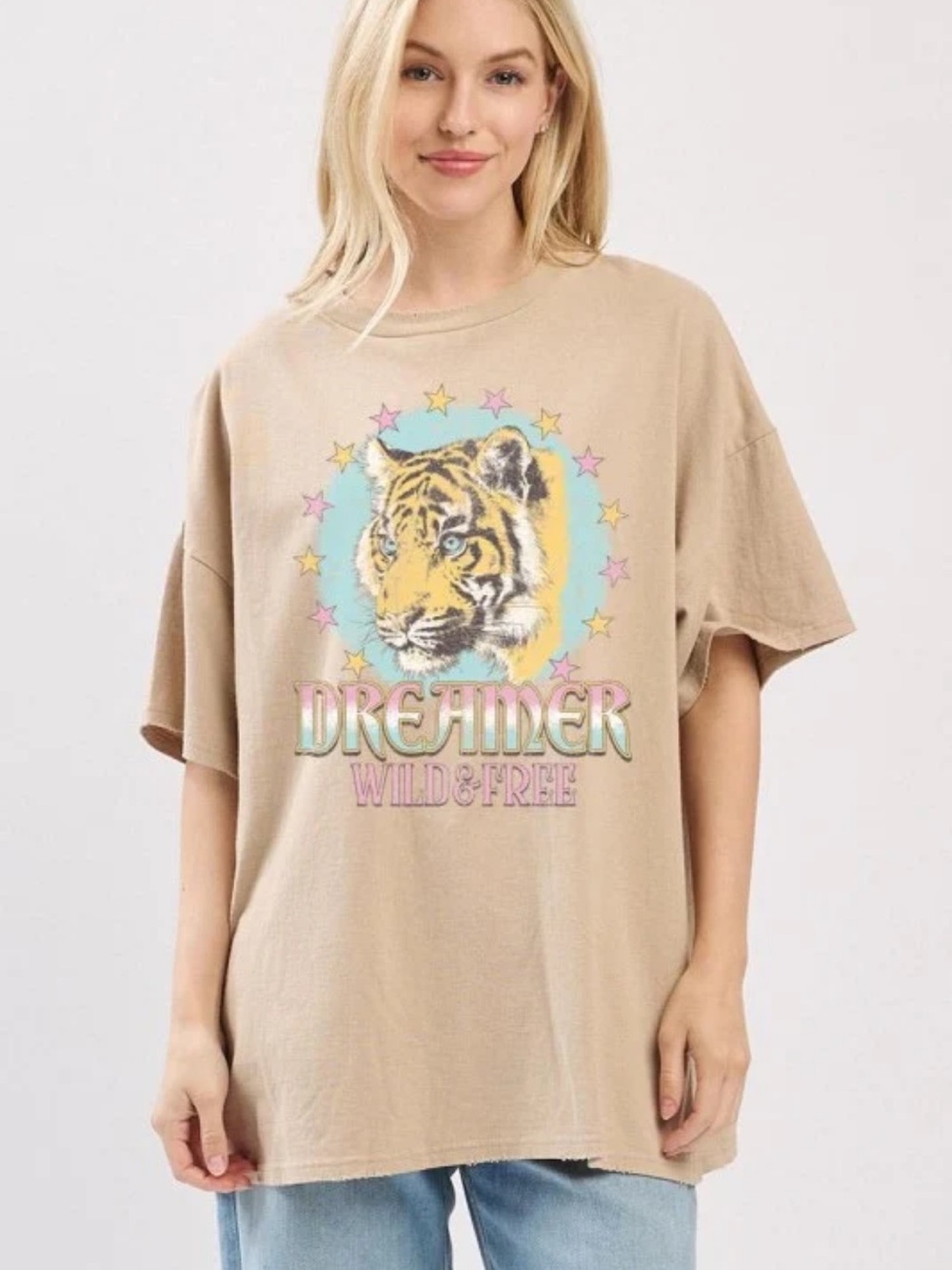 Dreamer Wild & Free Tiger Graphic Tee - Beige